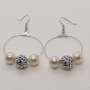 Pearl and shamballa bead hoop earrings, silver tone